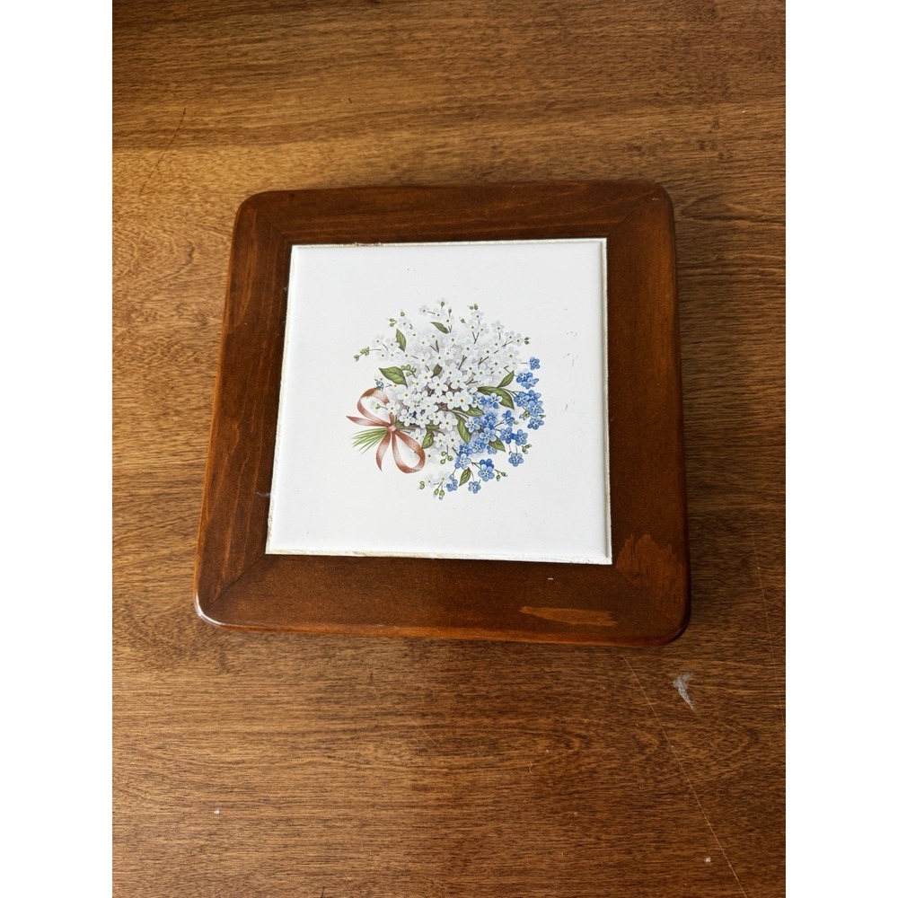 Vintage Ceramic Tile And Wood Trivet Wood N Toys R K Lennus Flowers Cottage Core